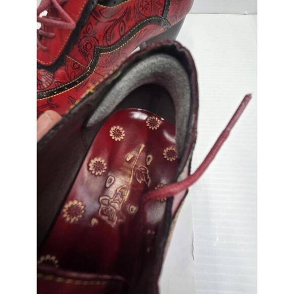 Red Paisley Heel Shoes Womens Size 39 US 8 Lace Up Leather Print Vintage Style - Picture 12 of 13